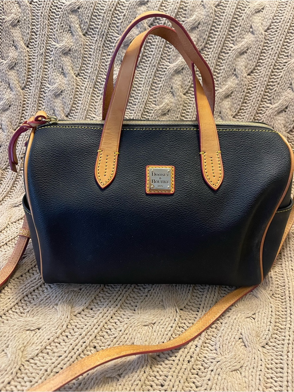 Dooney & Bourke Black Leather Satchel with Tan Handles